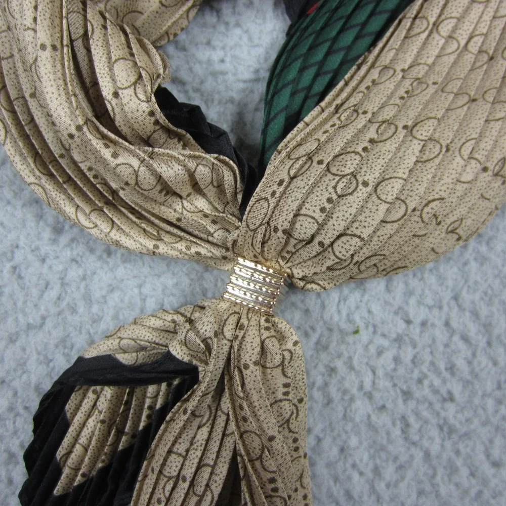 Womens Scrarf  Silky Square Tan Monogram Pleated Green Red Stripe Gold Slide